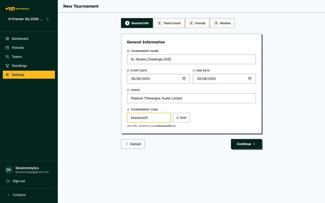 Skrammm organizer app: new tournament form with name, dates, venue and tournament code filled in