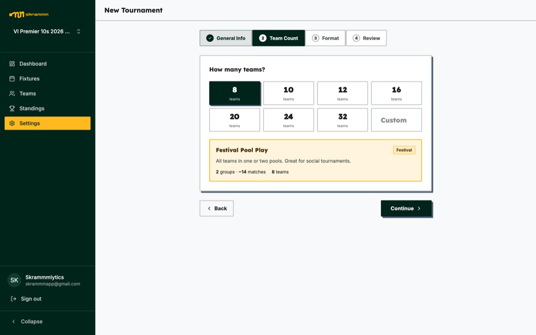 Skrammm organizer app: team count step with preset options from 8 to 32 teams