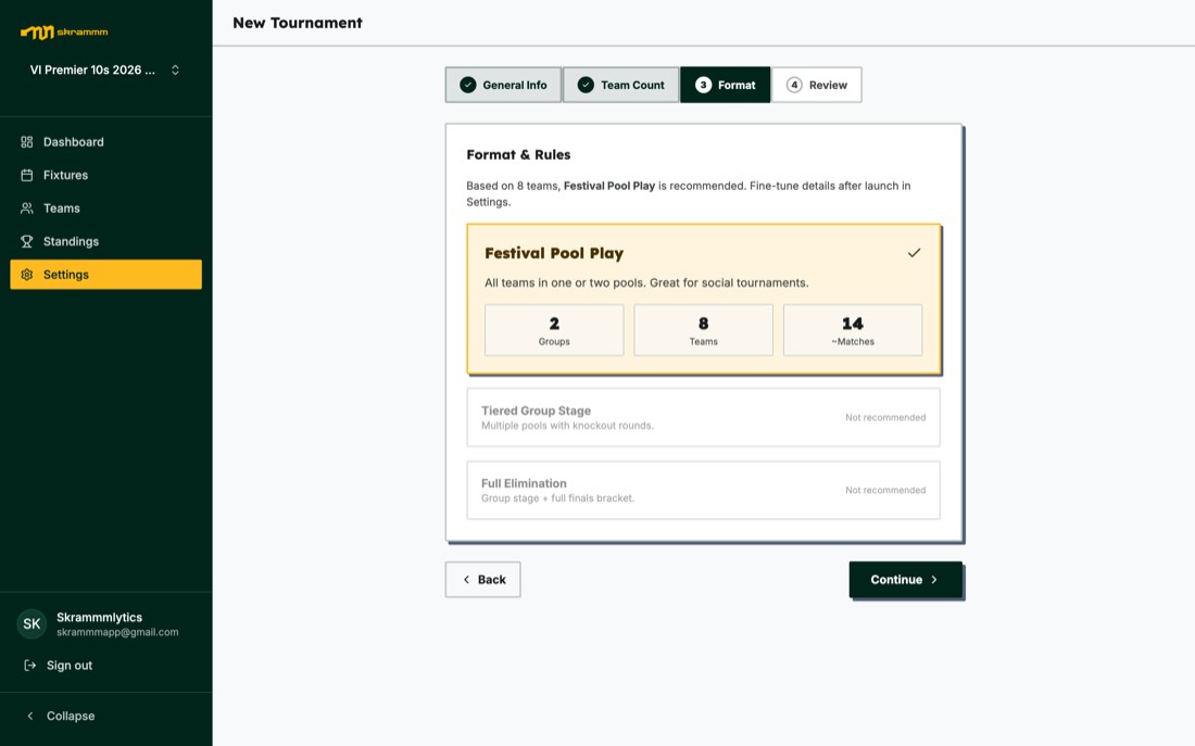 Skrammm organizer app: format step recommending Festival Pool Play with 2 groups, 8 teams and 14 matches