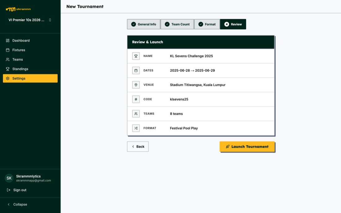 Skrammm organizer app: review and launch summary showing name, dates, venue, code, teams and format