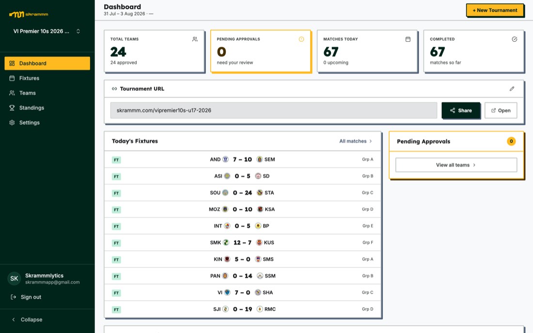 Skrammm organizer app: the VI Premier 10s 2026 pilot dashboard with 24 approved teams, 67 completed matches, the shareable tournament URL and real fixtures