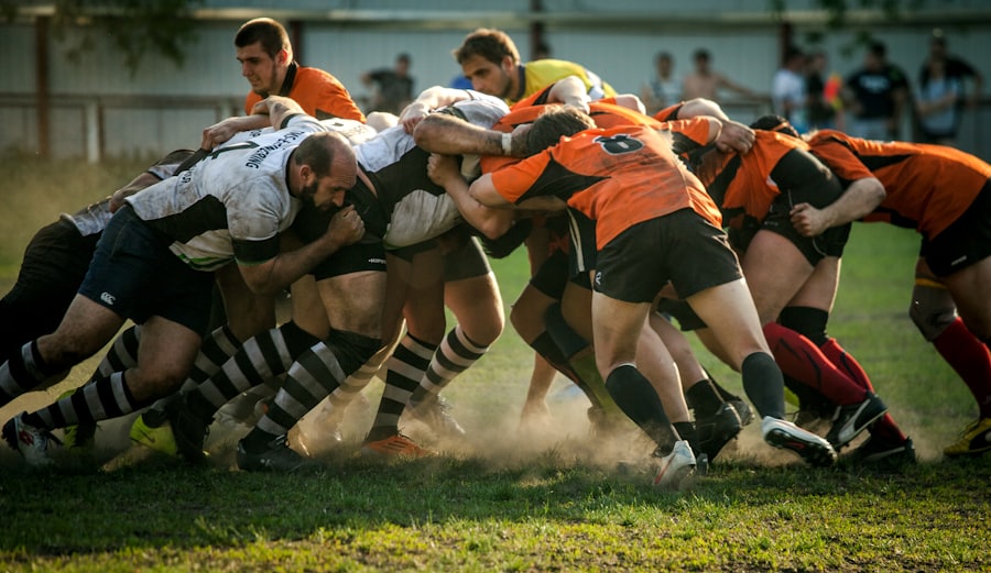Rugby players in a team huddle